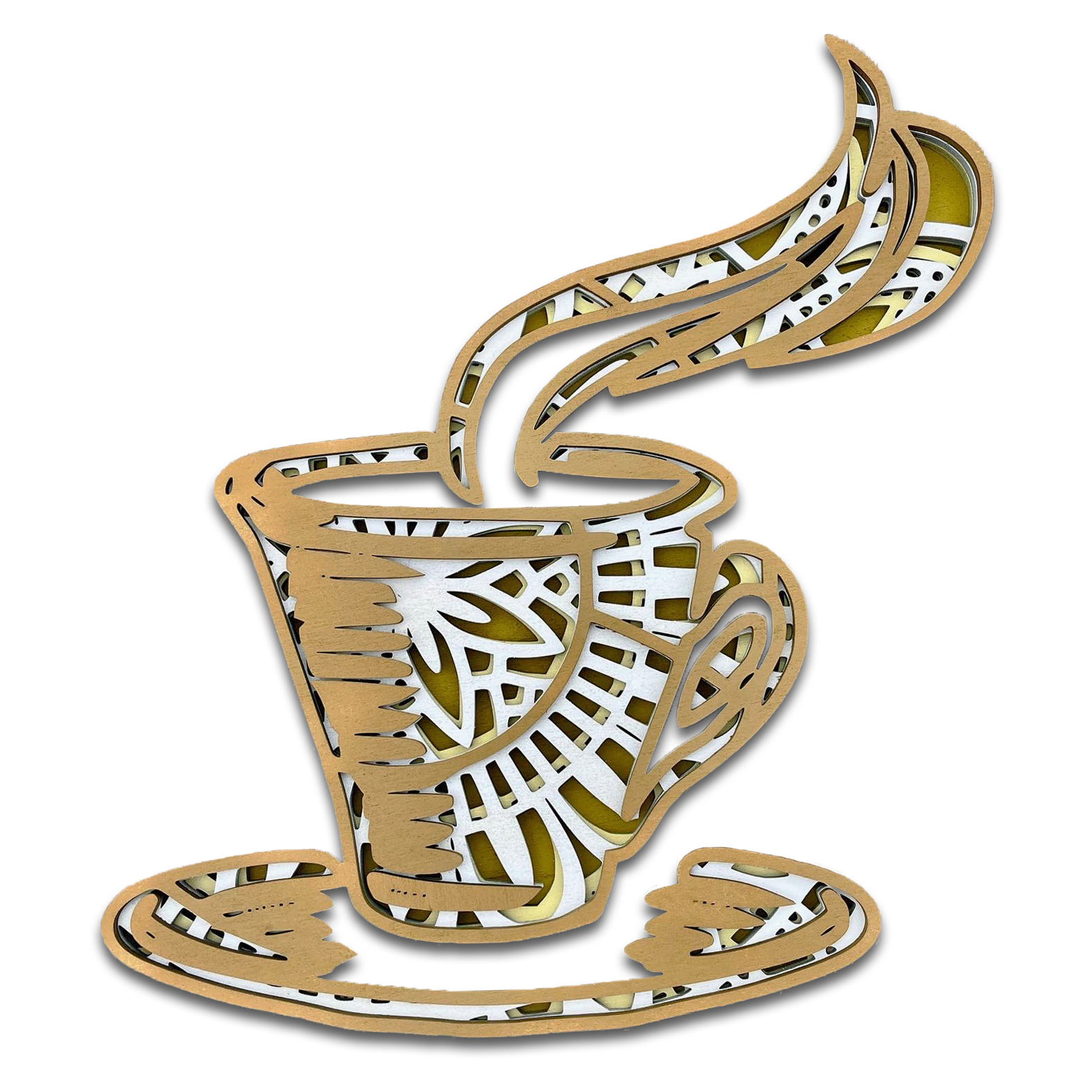 Décoration artisanale énergisante en bois tasse de café design mandala