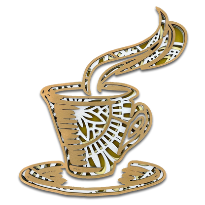 Décoration artisanale énergisante en bois tasse de café design mandala