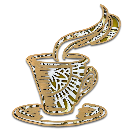 Décoration artisanale énergisante en bois tasse de café design mandala