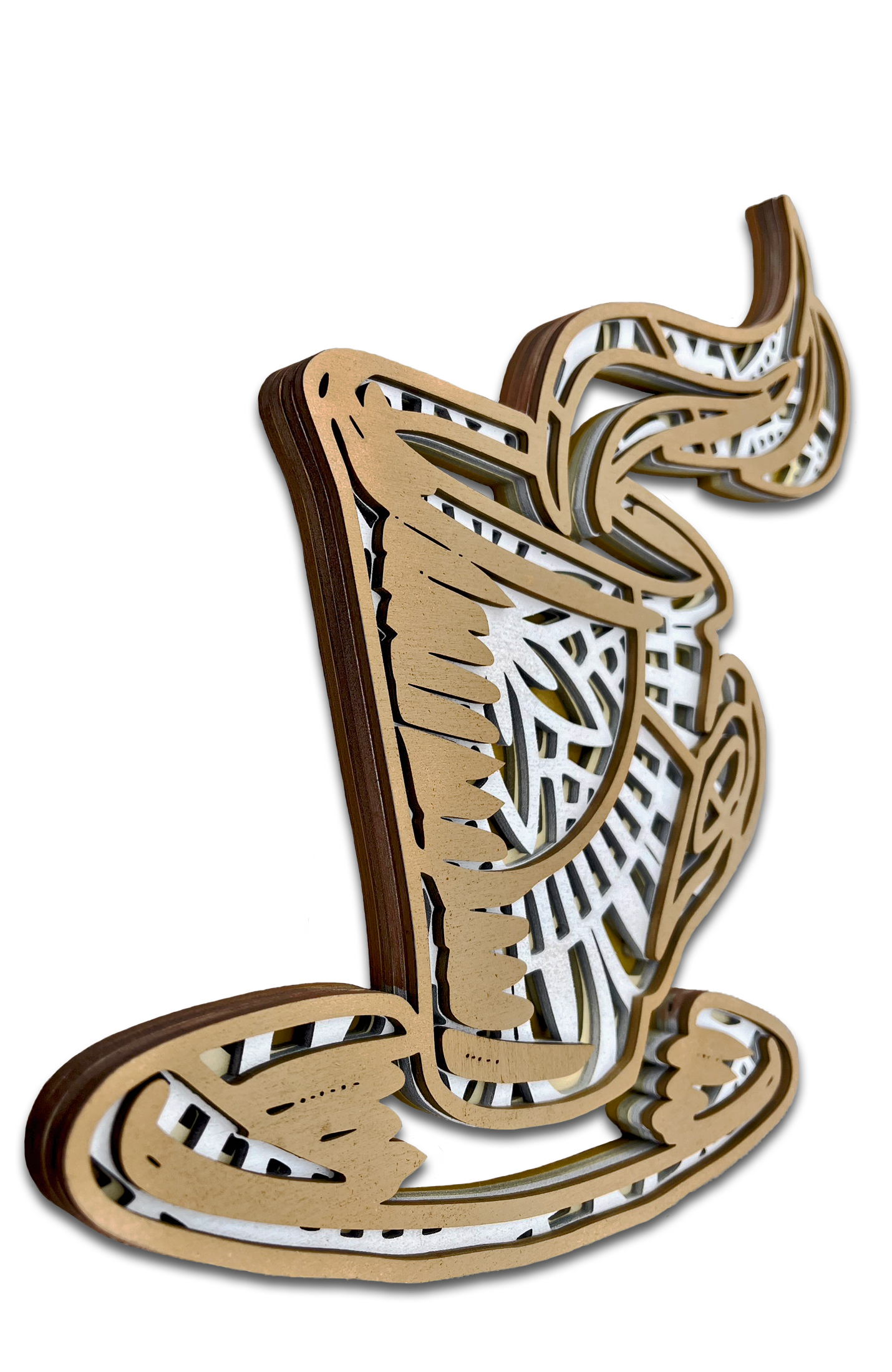 Décoration artisanale énergisante en bois tasse de café design mandala