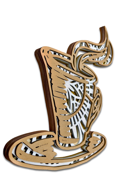 Décoration artisanale énergisante en bois tasse de café design mandala