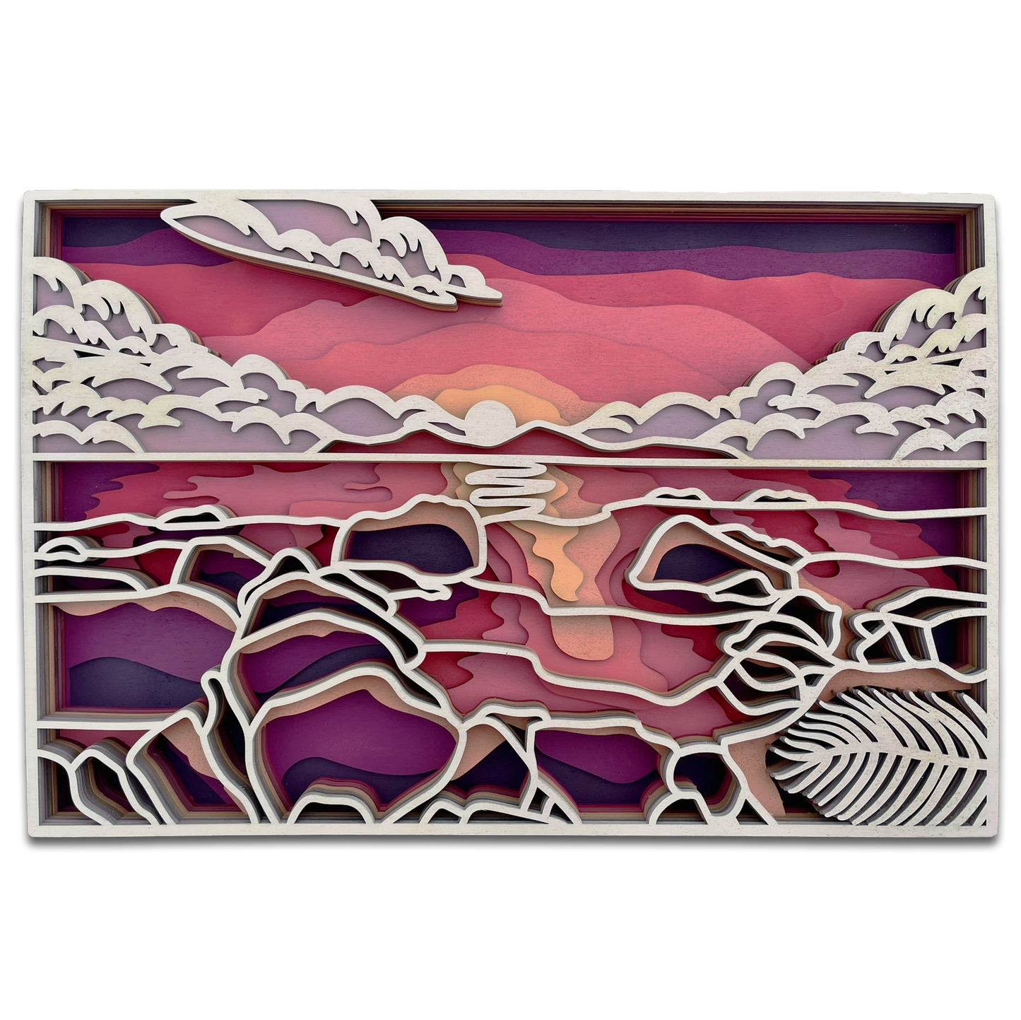 Décoration artisanale d'un tableau représentant un paysage coucher de soleil au design 3D fantaisiste