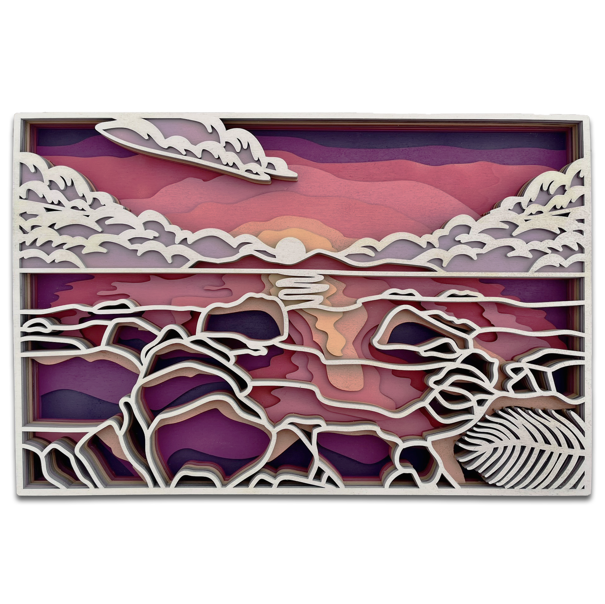 Décoration artisanale d'un tableau représentant un paysage coucher de soleil au design 3D fantaisiste