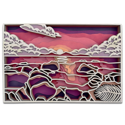 Décoration artisanale d'un tableau représentant un paysage coucher de soleil au design 3D fantaisiste