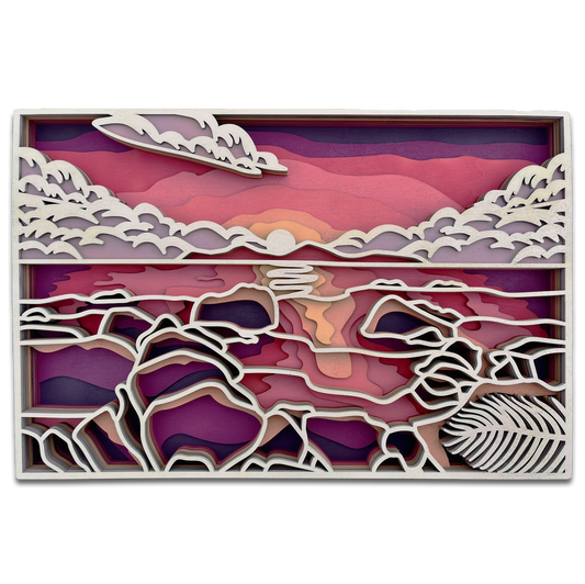 Décoration artisanale d'un tableau représentant un paysage coucher de soleil au design 3D fantaisiste