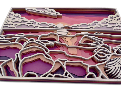 Décoration artisanale d'un tableau représentant un paysage coucher de soleil au design 3D fantaisiste